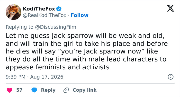 Tweet expressing concern about a rumored Margot Robbie role in a blockbuster franchise, featuring Jack Sparrow. Tweet expressing concern about a rumored Margot Robbie role in a blockbuster franchise, featuring Jack Sparrow.