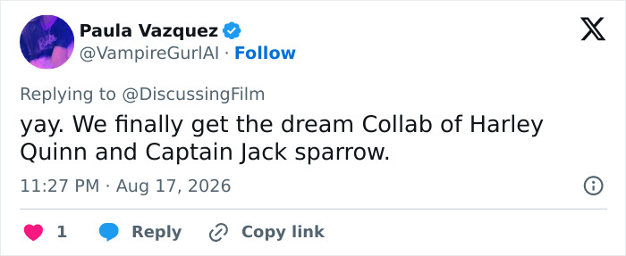 Paula Vazquez's tweet celebrating the dream collab of Harley Quinn and Captain Jack Sparrow for Margot Robbie's rumored role. Paula Vazquez's tweet celebrating the dream collab of Harley Quinn and Captain Jack Sparrow for Margot Robbie's rumored role.