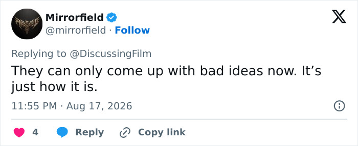 Mirrorfield's Twitter reply to DiscussingFilm about Margot Robbie's rumored role: 'They can only come up with bad ideas' Mirrorfield's Twitter reply to DiscussingFilm about Margot Robbie's rumored role: 'They can only come up with bad ideas'