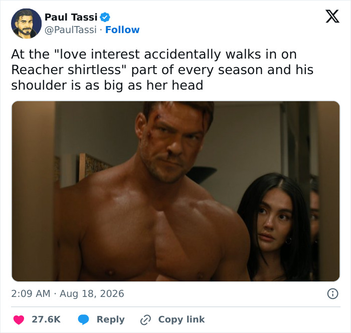 Alan Ritchson's shirtless moment in a scene, highlighted by a social media comment on the predictable trend. Alan Ritchson's shirtless moment in a scene, highlighted by a social media comment on the predictable trend.