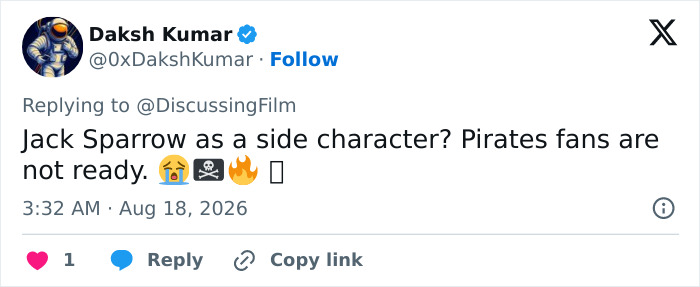 Tweet from a fan worried about Jack Sparrow becoming a side character in a blockbuster franchise, with Margot Robbie rumored. Tweet from a fan worried about Jack Sparrow becoming a side character in a blockbuster franchise, with Margot Robbie rumored.