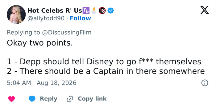 Hot Celebs R' Us' tweet about Margot Robbie's rumored role, mentioning Disney and a Captain in the franchise. Hot Celebs R' Us' tweet about Margot Robbie's rumored role, mentioning Disney and a Captain in the franchise.