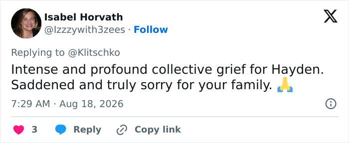 Screenshot of a tweet showing grief for Hayden Panettiere's tragic passing and family. Screenshot of a tweet showing grief for Hayden Panettiere's tragic passing and family.