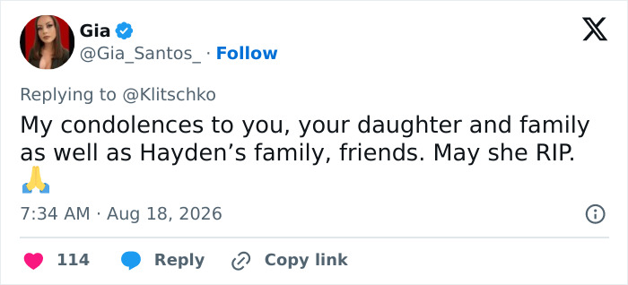 Tweet from Gia offering condolences to Hayden Panettiere's ex-fiancé, daughter and family after star's tragic passing. Tweet from Gia offering condolences to Hayden Panettiere's ex-fiancé, daughter and family after star's tragic passing.