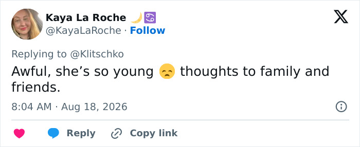 Tweet from Kaya La Roche expressing sadness for Hayden Panettiere's daughter after star's tragic passing. Tweet from Kaya La Roche expressing sadness for Hayden Panettiere's daughter after star's tragic passing.
