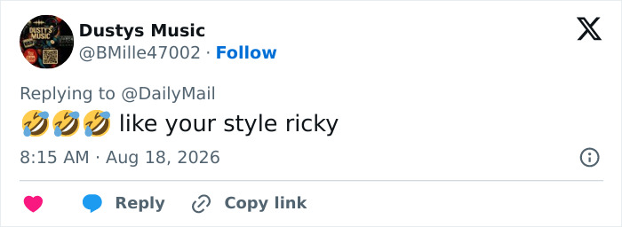 A social media user comments like your style ricky with laughing emojis about Ricky Gervais' marriage. A social media user comments like your style ricky with laughing emojis about Ricky Gervais' marriage.