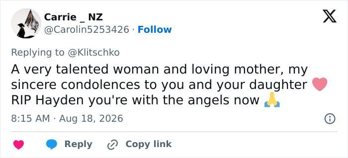 Carrie_NZ replies to Klitschko with condolences for Hayden Panettiere's tragic passing. Carrie_NZ replies to Klitschko with condolences for Hayden Panettiere's tragic passing.