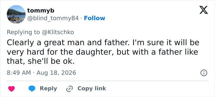 Tweet from tommyb praising Hayden Panettiere's ex-fiancé as a great father after star's tragic passing. Tweet from tommyb praising Hayden Panettiere's ex-fiancé as a great father after star's tragic passing.