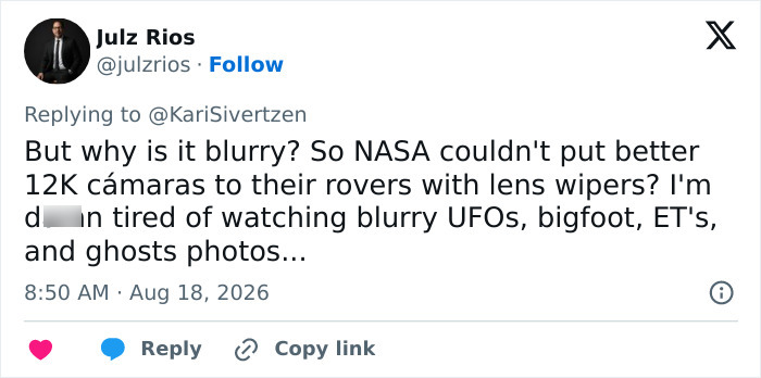 A tweet by Julz Rios questioning the blurry quality of NASA Mars photos and mentioning blurry UFOs. A tweet by Julz Rios questioning the blurry quality of NASA Mars photos and mentioning blurry UFOs.