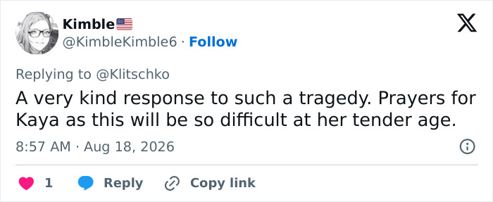 Tweet from Kimble expressing prayers for Hayden Panettiere's daughter after star's tragic passing. Tweet from Kimble expressing prayers for Hayden Panettiere's daughter after star's tragic passing.