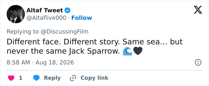 Altaf Tweet's tweet about Margot Robbie's rumored role, stating different face, different story, but never the same Jack Sparrow. Altaf Tweet's tweet about Margot Robbie's rumored role, stating different face, different story, but never the same Jack Sparrow.