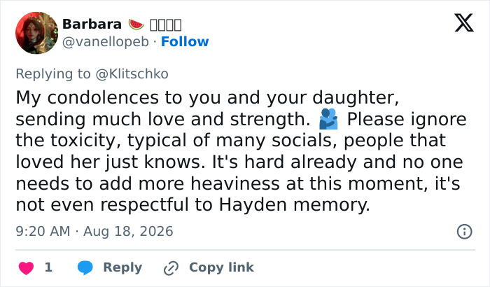 Tweet from Barbara offering condolences to Hayden Panettiere's ex-fiancé on star's tragic passing. Tweet from Barbara offering condolences to Hayden Panettiere's ex-fiancé on star's tragic passing.