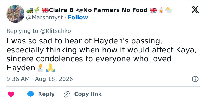 A social media post expressing condolences for Hayden Panettiere's tragic passing. A social media post expressing condolences for Hayden Panettiere's tragic passing.