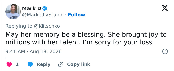 Mark D replies to Klitschko remembering Hayden Panettiere's talent after her tragic passing. Mark D replies to Klitschko remembering Hayden Panettiere's talent after her tragic passing.