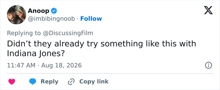 Anoop's tweet about the rumored role of Margot Robbie, referencing Indiana Jones in a blockbuster franchise. Anoop's tweet about the rumored role of Margot Robbie, referencing Indiana Jones in a blockbuster franchise.