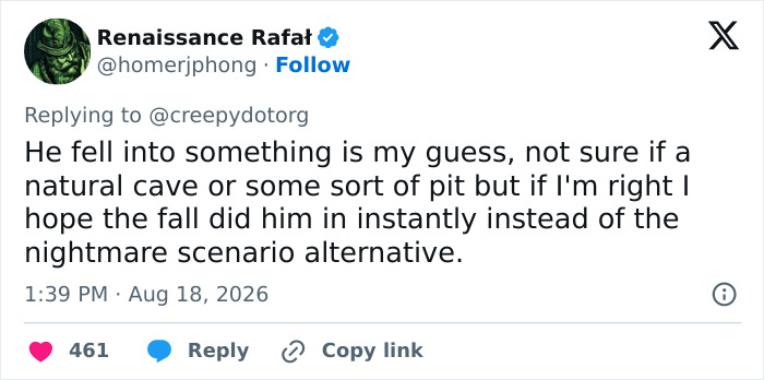 A tweet from Renaissance Rafal speculating about a fall into a cave or pit after a car crash, an event investigators can't explain.