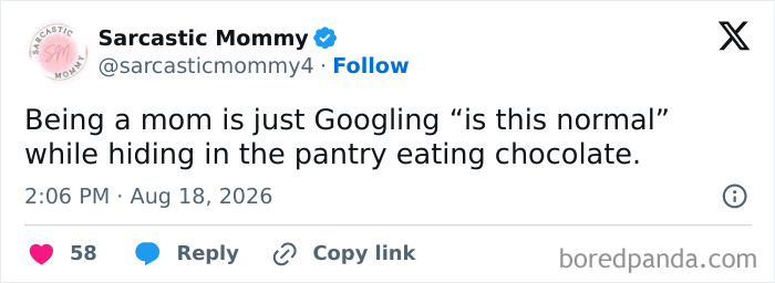 Sarcastic Mommy's tweet about the comedy of raising kids and Googling parenting questions while eating chocolate.