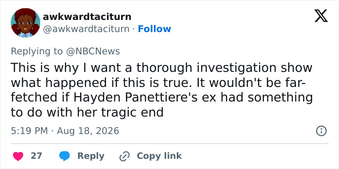 A tweet about Hayden Panettiere, wanting a thorough investigation and mentioning her ex.