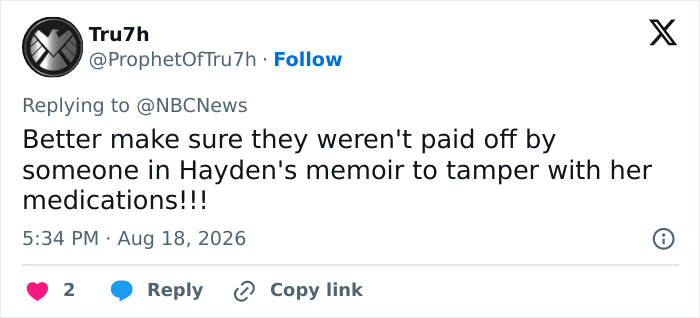 Hayden Panettiere: A tweet suggesting tampering with Hayden Panettiere&rsquo;s medications.