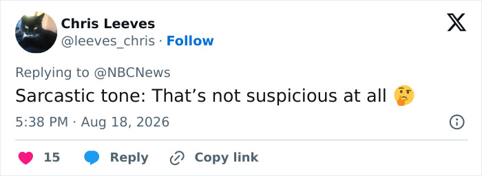 A tweet by Chris Leeves sarcastically calling the situation not suspicious, regarding Hayden Panettiere's final moments.
