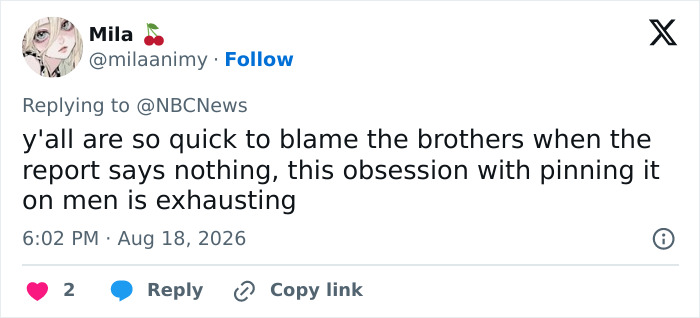 A tweet about Hayden Panettiere, saying, yall are so quick to blame the brothers when the report says nothing.