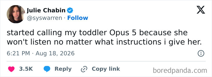 A tweet about a parent calling her toddler Opus 5 because she won't listen, showcasing the comedy of raising kids.