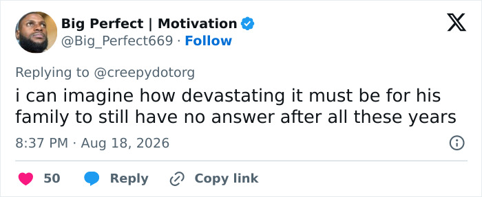 A tweet from Big Perfect about the devastating impact of an unexplained car crash on a family, with no answers.