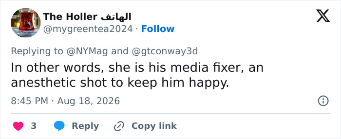 A tweet about a glamorous aide acting as a media fixer to keep him happy in a security leak context. A tweet about a glamorous aide acting as a media fixer to keep him happy in a security leak context.
