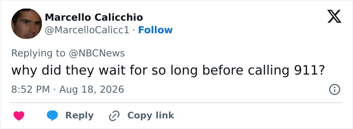 A tweet by Marcello Calicchio questioning why 911 was called so late, concerning Hayden Panettiere's final moments.