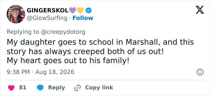 A tweet from a user in Marshall, expressing how the car crash story and unexplained events 'creeped' them out.