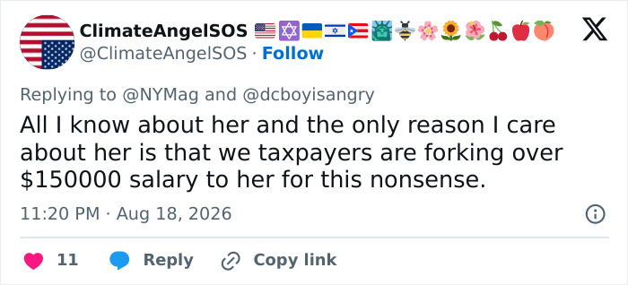 A tweet complaining about taxpayers funding a glamorous aide's salary amidst a security leak. A tweet complaining about taxpayers funding a glamorous aide's salary amidst a security leak.