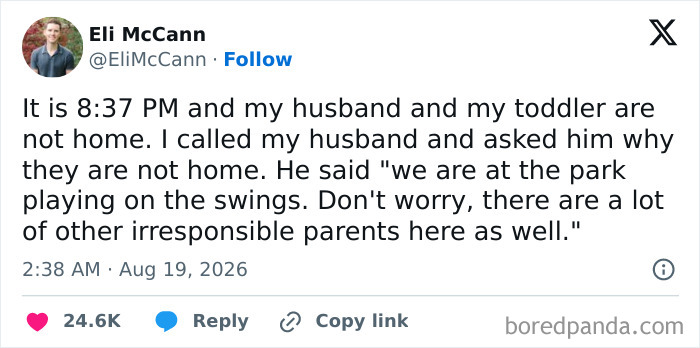 A tweet from Eli McCann sharing a comedic moment about raising kids, describing his husband and toddler at a park late at night.