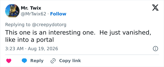 A tweet suggesting the man vanished 'like into a portal' after a car crash, highlighting an unexplained event.
