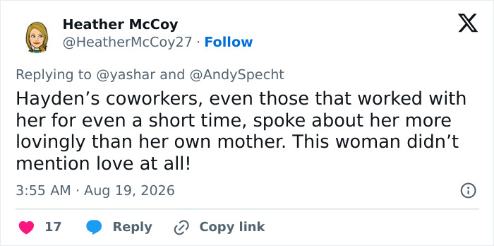 A tweet from Heather McCoy about Hayden Panettiere's mom and statements about her late daughter. A tweet from Heather McCoy about Hayden Panettiere's mom and statements about her late daughter.