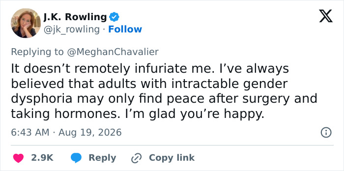 J.K. Rowling tweet about transgender surgery and finding peace after surgery and taking hormones.