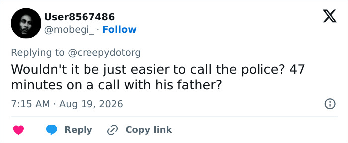A tweet from User8567486 questioning the 47-minute phone call after a car crash instead of calling police, an unexplained event.