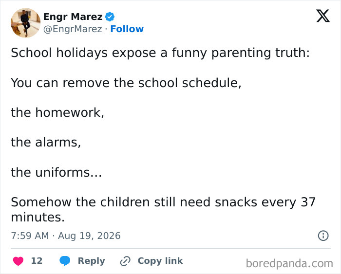 A tweet about kids needing snacks every 37 minutes during school holidays, highlighting the comedy of raising kids.