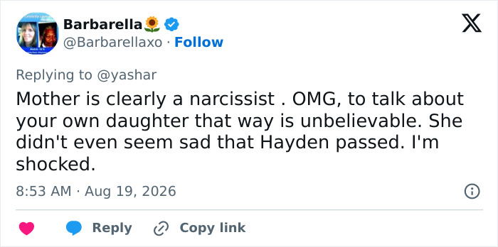 A tweet from Barbarella about Hayden Panettiere's mom and statements about her late daughter. A tweet from Barbarella about Hayden Panettiere's mom and statements about her late daughter.