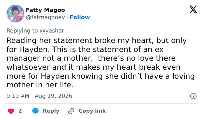 Screenshot of a fan's tweet about Hayden Panettiere's mom and her statements. Screenshot of a fan's tweet about Hayden Panettiere's mom and her statements.