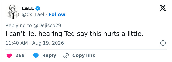 A Twitter post from @0x_Lael expressing hurt about Ted's confession regarding the HIMYM cast's bond. A Twitter post from @0x_Lael expressing hurt about Ted's confession regarding the HIMYM cast's bond.