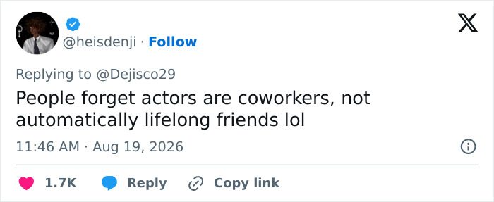 A tweet about actors as coworkers, not lifelong friends, contrasting with the HIMYM cast bond discussions. A tweet about actors as coworkers, not lifelong friends, contrasting with the HIMYM cast bond discussions.