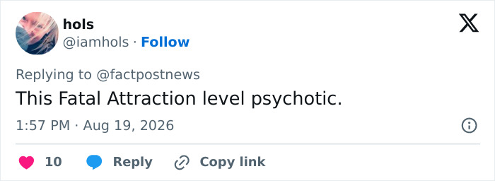 A tweet commenting on the Natalie Harp and Trump scandal, describing their dynamic as 'Fatal Attraction level psychotic'. A tweet commenting on the Natalie Harp and Trump scandal, describing their dynamic as 'Fatal Attraction level psychotic'.