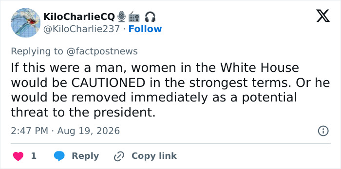 A tweet about Natalie Harp and the scandal, suggesting caution if a man were in the same position. A tweet about Natalie Harp and the scandal, suggesting caution if a man were in the same position.