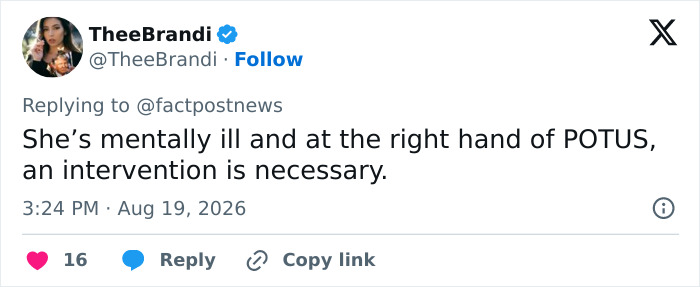 Screenshot of a tweet from @TheeBrandi stating Natalie Harp is mentally ill and needs intervention, relevant to Trump scandal. Screenshot of a tweet from @TheeBrandi stating Natalie Harp is mentally ill and needs intervention, relevant to Trump scandal.