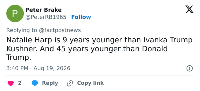 A tweet comparing Natalie Harp's age to Ivanka Trump and Donald Trump's. A tweet comparing Natalie Harp's age to Ivanka Trump and Donald Trump's.