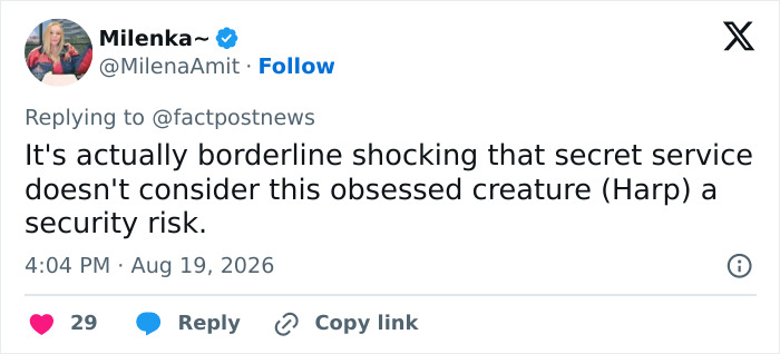 Screenshot of a tweet from @MilenaAmit questioning why secret service doesn't consider Natalie Harp a security risk amid scandal. Screenshot of a tweet from @MilenaAmit questioning why secret service doesn't consider Natalie Harp a security risk amid scandal.