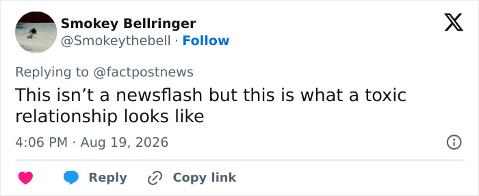 A social media comment from Smokey Bellringer stating that the situation involving Natalie Harp is a toxic relationship. A social media comment from Smokey Bellringer stating that the situation involving Natalie Harp is a toxic relationship.