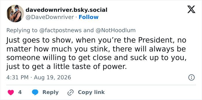 A tweet about Trump and Natalie Harp, noting how people seek proximity to power despite character flaws amid scandal. A tweet about Trump and Natalie Harp, noting how people seek proximity to power despite character flaws amid scandal.