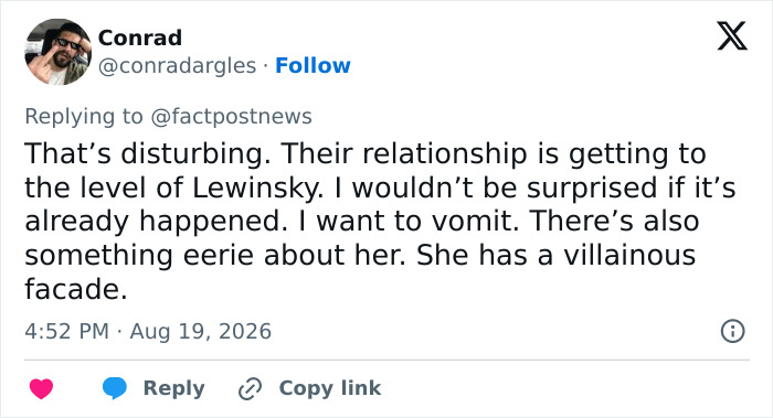 A social media comment from Conrad describing the relationship involving Natalie Harp as disturbing and villainous. A social media comment from Conrad describing the relationship involving Natalie Harp as disturbing and villainous.
