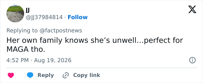 Tweet mentioning Trump's aide's family, implying she is unwell, with her secret exposed in security leak. Tweet mentioning Trump's aide's family, implying she is unwell, with her secret exposed in security leak.